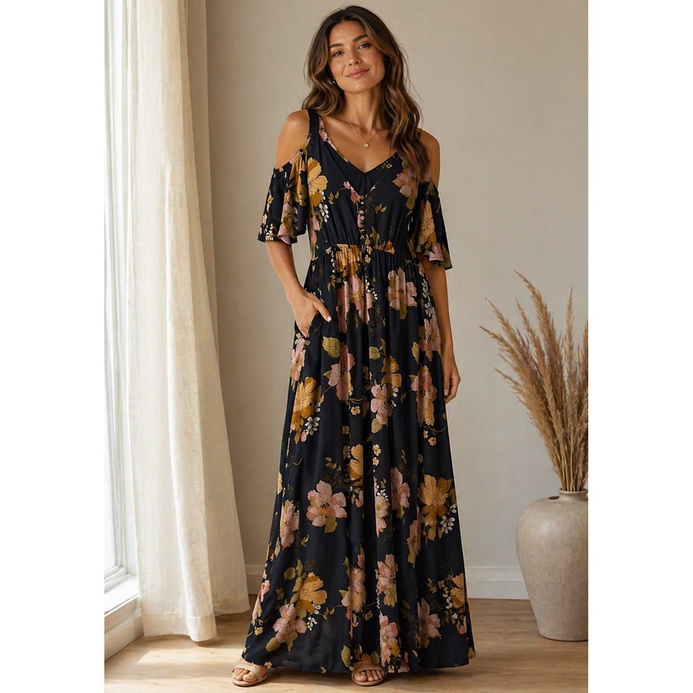 Floral Fairycore Cold Shoulder Maxi Dress Blue Pink XL Boho Flutter Sleeve
